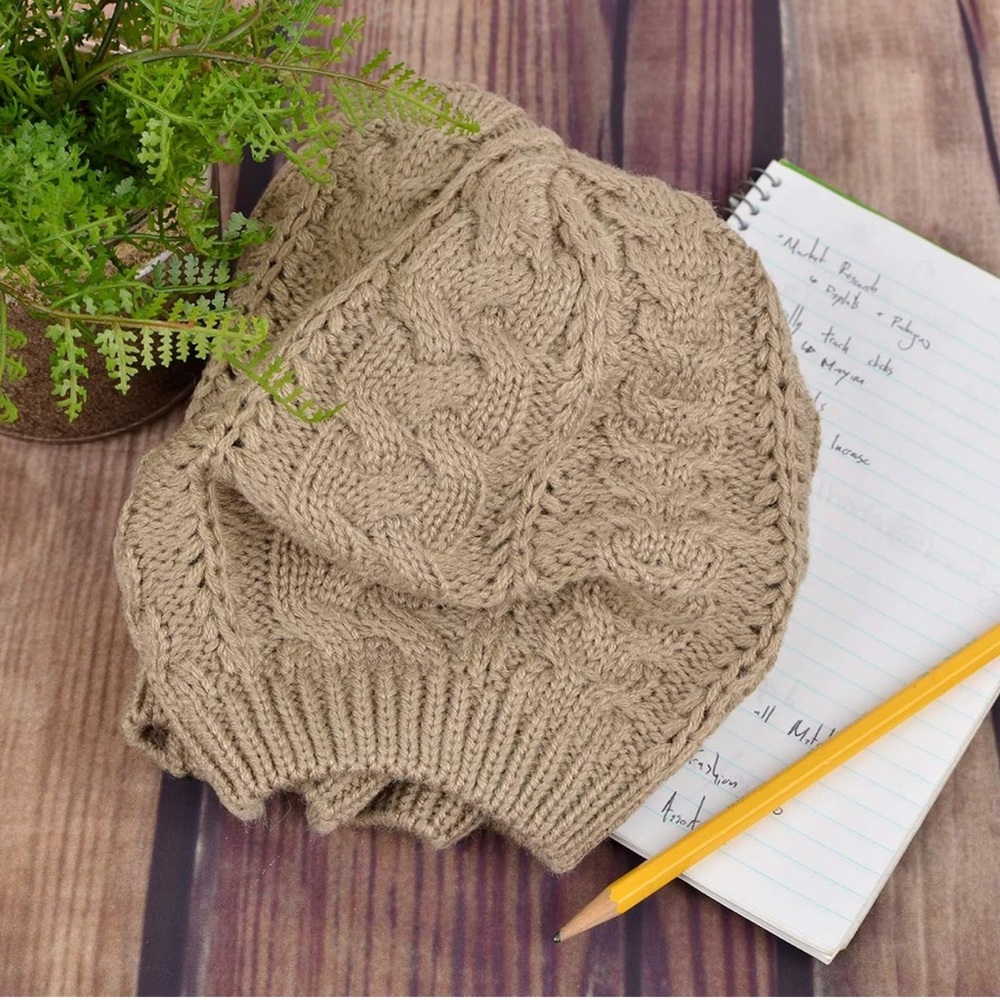 Lightweight Crochet Knitted Style Beanie Hat for Women, Slouchy Hat Tan - Picture 5 of 5